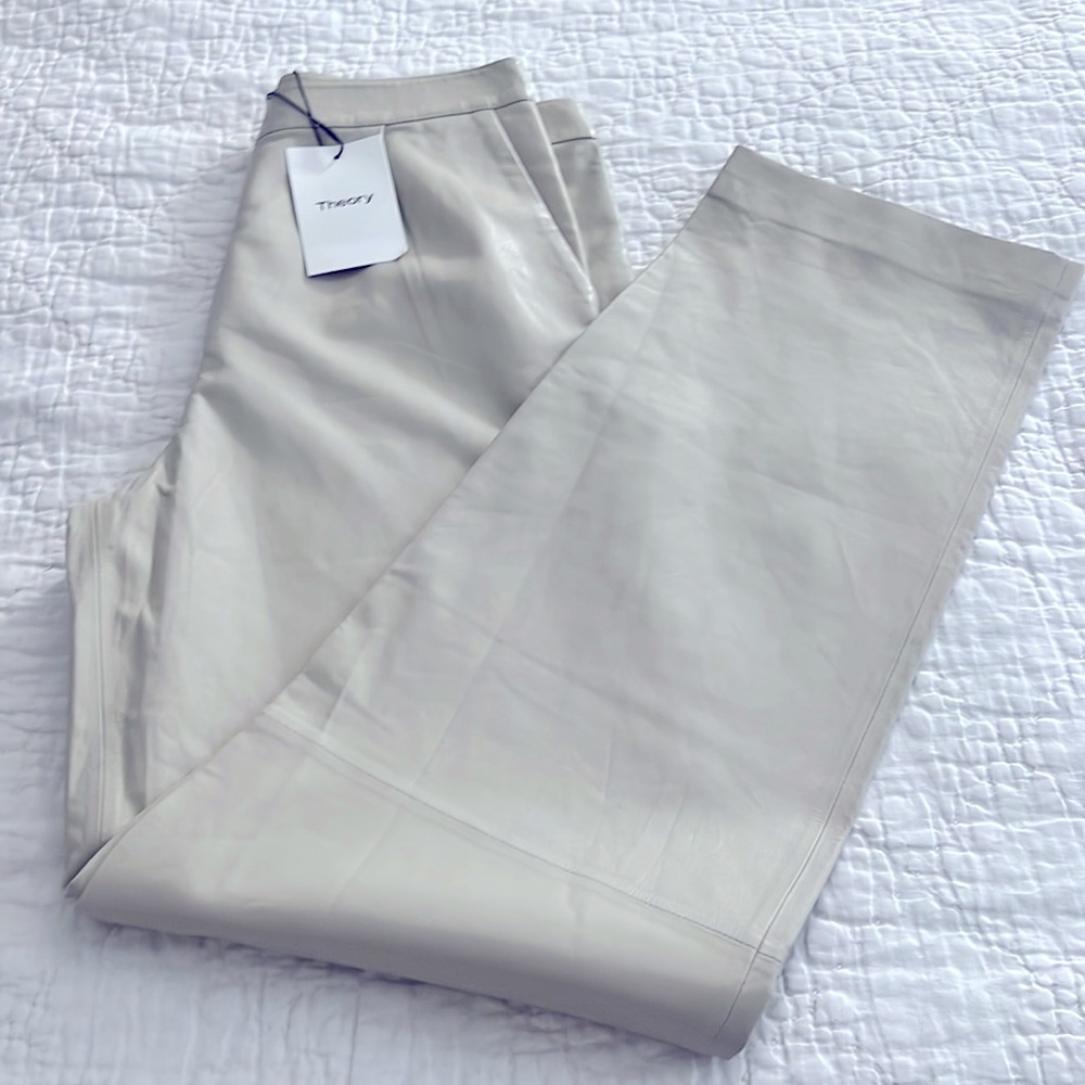 NWT Theory Pleated Leather Straight Leg Pant in Pale Stone - Picture 5 of 11